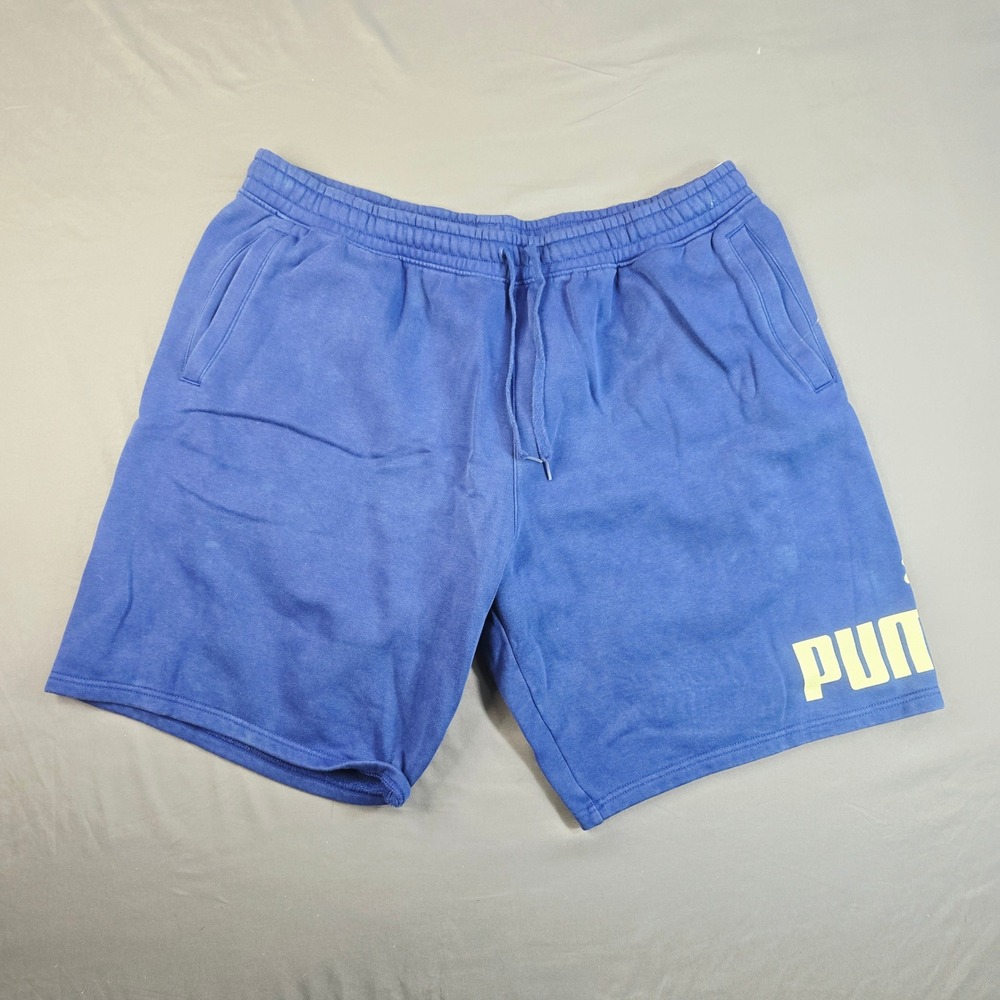 Puma Graphic Fleece Shorts Men XXL Blue Yellow Logo Drawstring Pockets